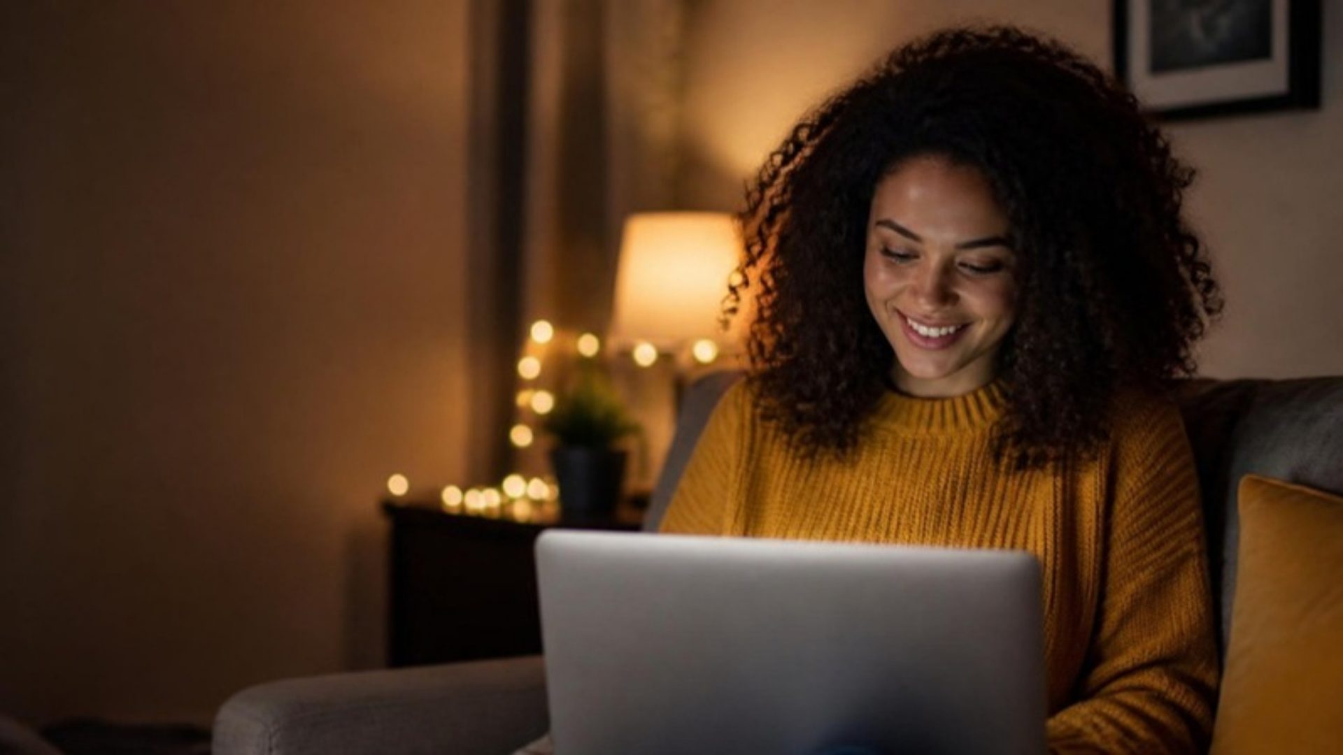 Femme souriante qui prépare sa déclaration de revenus sur son ordinateur portable